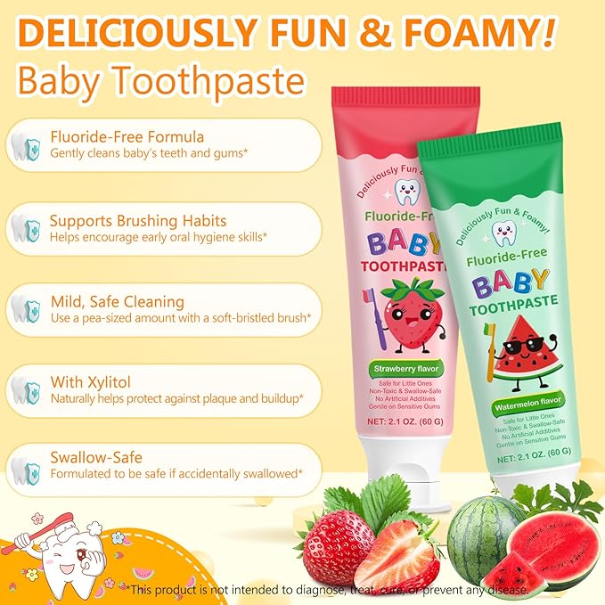2PACK Kids Toothpaste Watermelon and Strawberry Flavor, Swallowable Toothpaste with xylitol and Vitamin E, Fights Plaque, Designed for Children, 2.1OZ