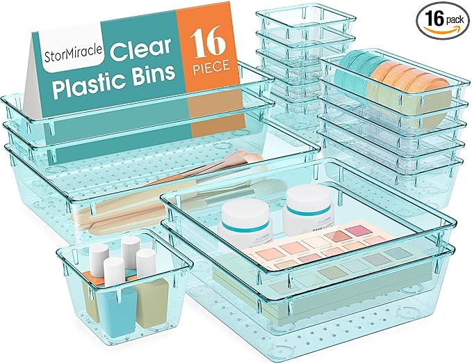 16 PCS Drawer Organizer Set, 5 Varied Size Bathroom and kitchen Drawer cabinet organizer Trays, Clear Storage Bins for Makeup, Jewelry, Utensils and Gadgets