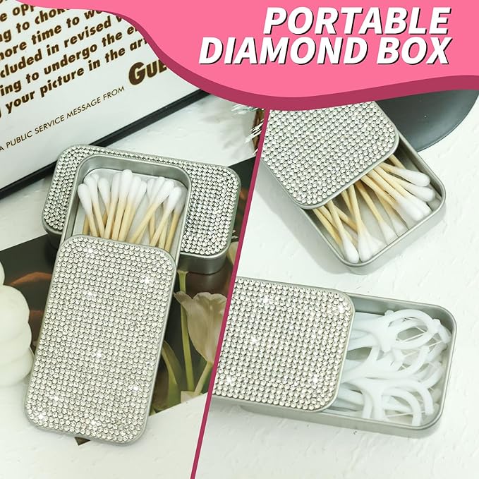 2Pcs Bling Dental Floss Holder,Portable & Refillable Floss Pick Holders, Metal Tin Box Case for Q-tip,Cotton Swab(Silver)