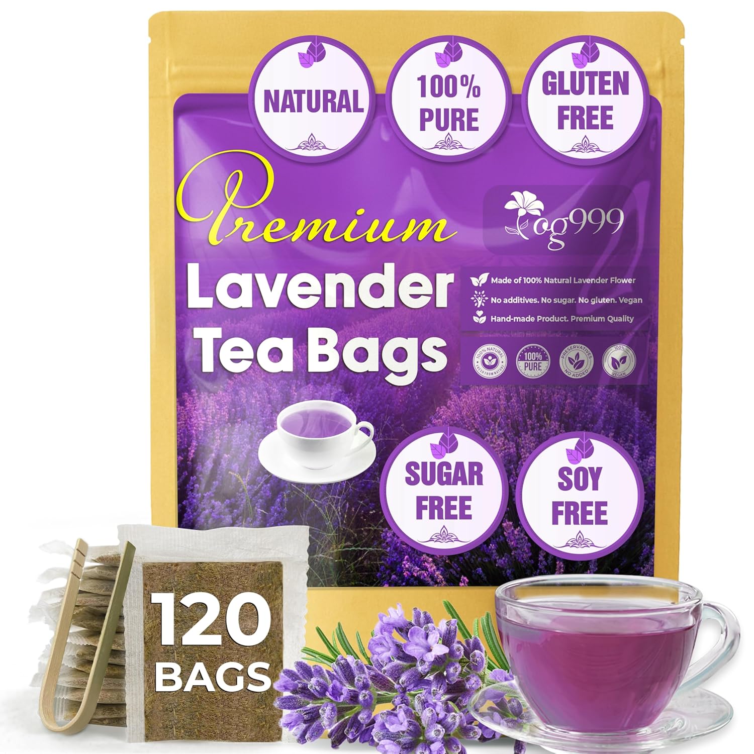 120 Lavender Flower Tea Bags, 100% Natural & Pure. Loose Flower Lavender Herbal Tea. No Sugar, No Caffeine, No Gluten, Vegan.