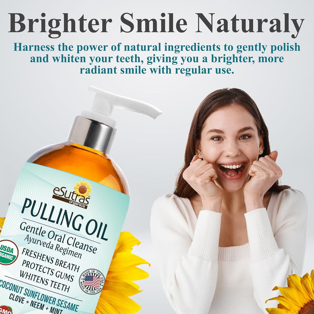 eSutras Pulling Oil Herbal Mouthwash Powerful Coconut Sesame Sunflower Oils + Essential Oils, Mint Clove Whitens Teeth Refreshes Breath Strengthens Gums