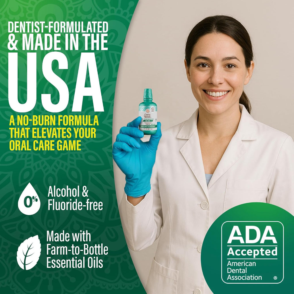 GuruNanda Fresh Breath Mouthwash, ADA-Accepted, Alcohol & Fluoride-Free, Sodium Chlorite, Essential Oils & Vitamins, 12-Hrs Fresh Breath, Wild Mint, 3 oz