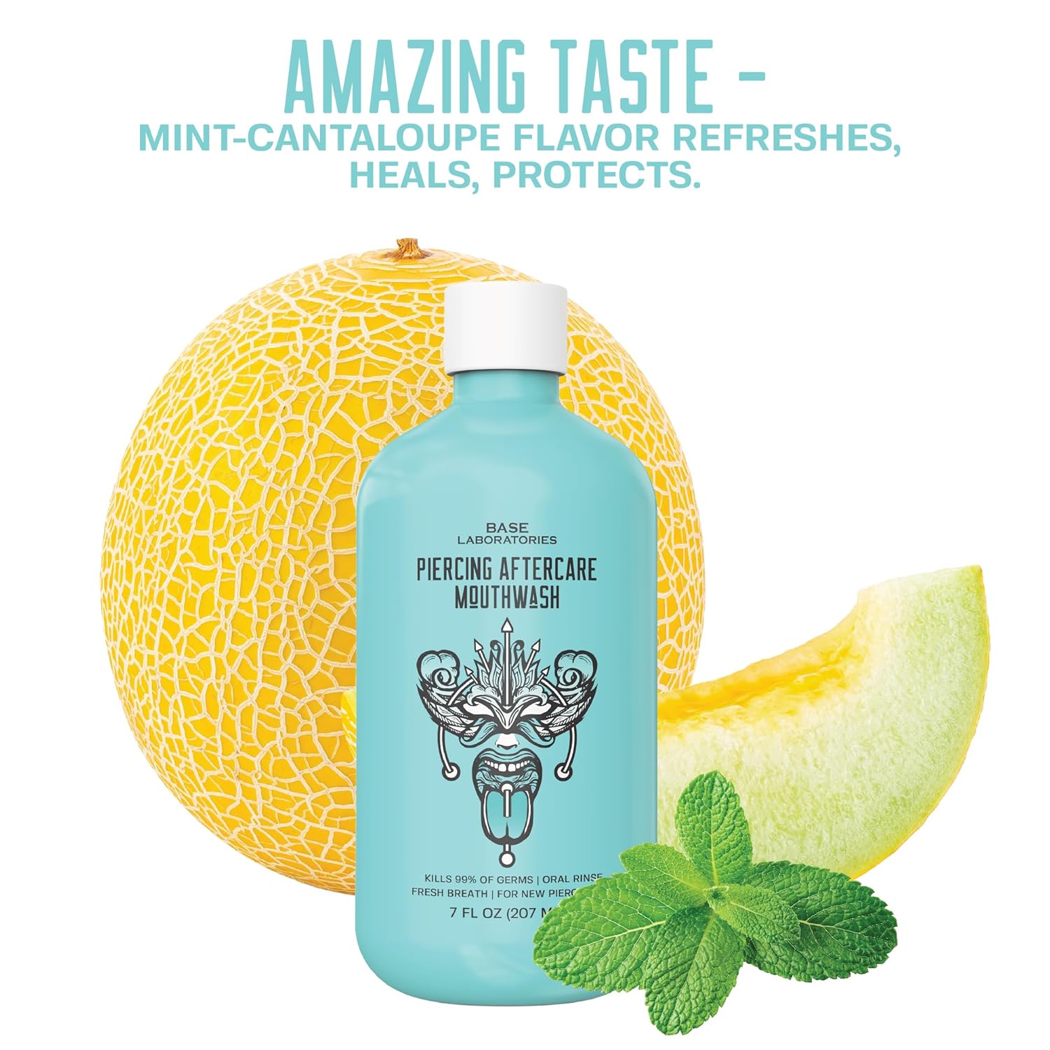 Base Laboratories Piercing Aftercare & Oral Care Mouthwash - Alcohol-Free, Fluoride-Free Healing Rinse for Tongue, Lip, Cheek, & Gum Health - Mint-Cantaloupe Flavor - 16 oz