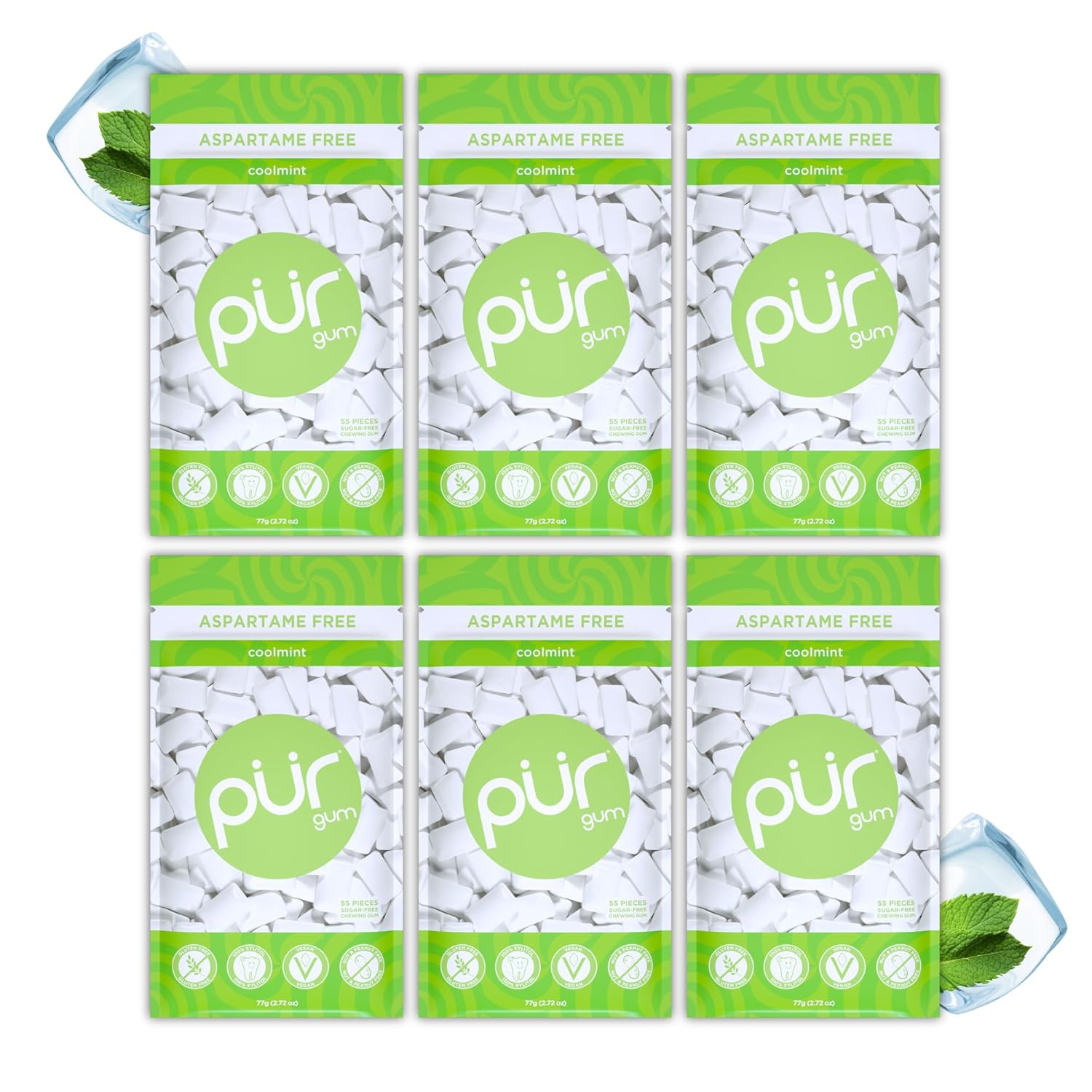 PUR Gum | Aspartame Free Chewing Gum | 100% Xylitol | Natural Coolmint Flavored Gum, 55 Pieces (Pack of 6)