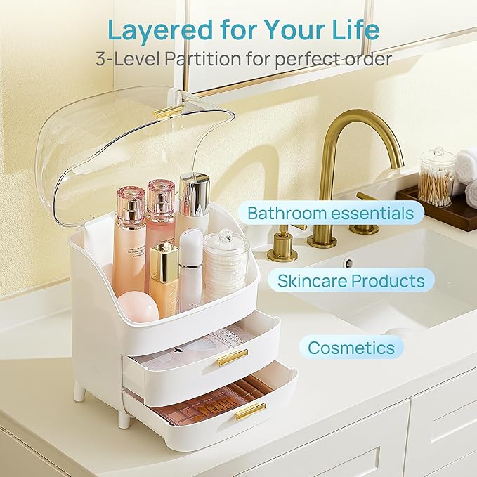 Vtopmart 3-Tier Skincare Makeup Organizer with Drawers and Lid for Vanity and Bathroom Countertop, Large Cosmetic Storage Box Case for Dresser, with Non-Slip Base