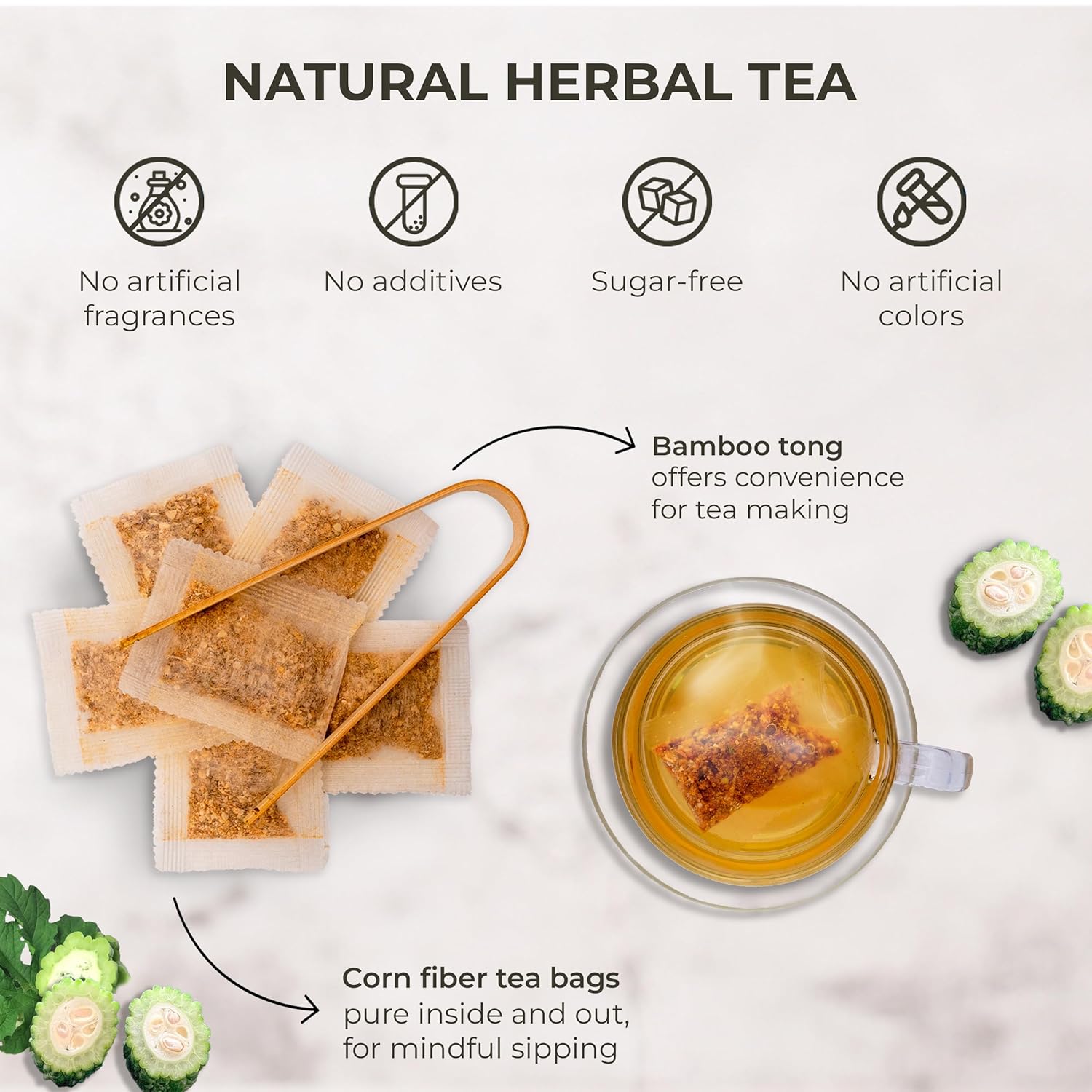 Bitter Melon Tea Bags - 70 Count (+5 Tea Bags), 4.2 oz, Bamboo Tong Included, Pure Bitter Gourd Herbal Blend for Refreshing, Digestion & Inner Health Support, No Sugar, No Caffeine