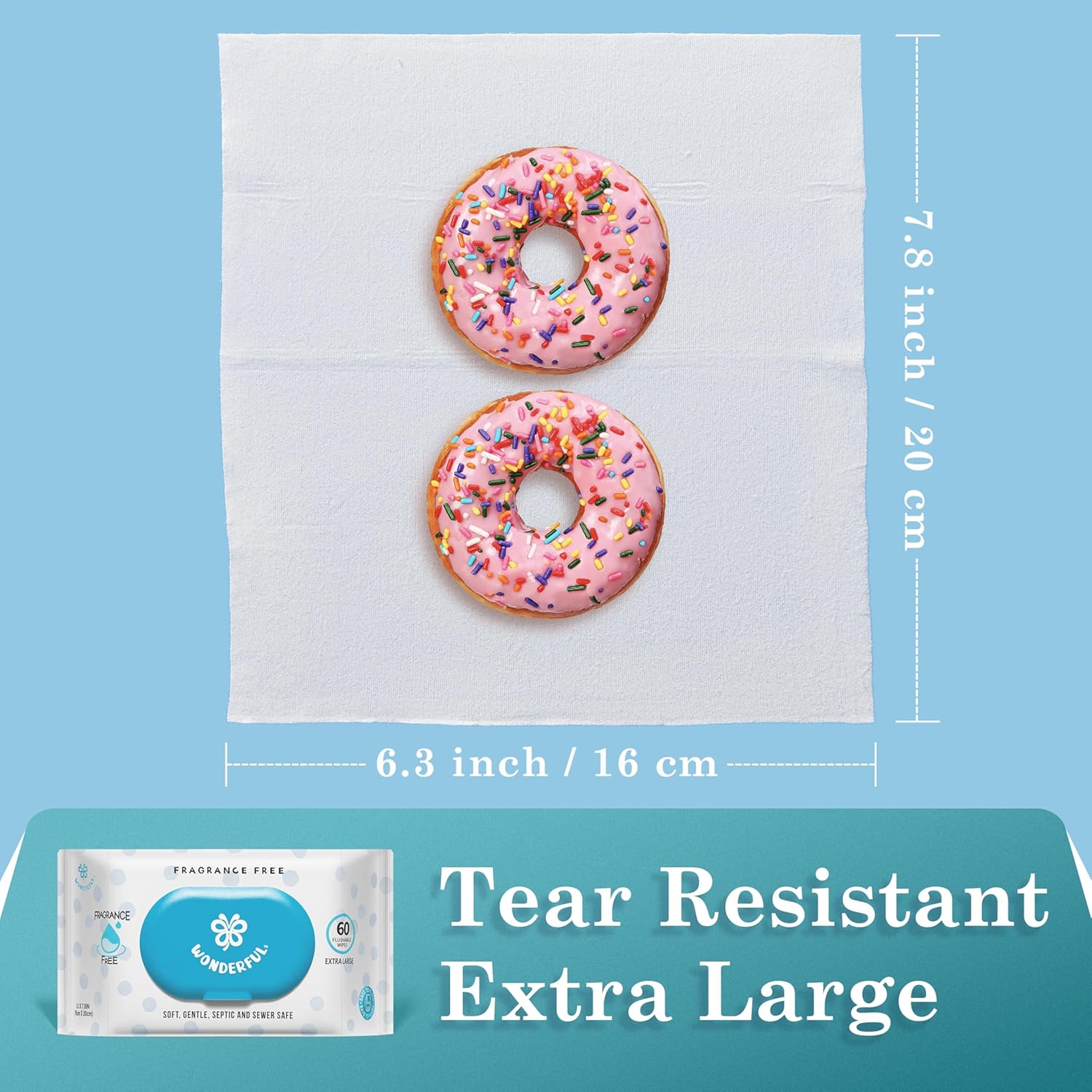 WONDERFUL Flushable Wipes, Unscented 100% Plant-Based Wet Butt Wipe for Adults & Kids, Sewer Septic Safe, Gentle for Sensitive Skin, Wipes Flushable Pack for Bathroom & Travel, 6-Pack (360 Counts)