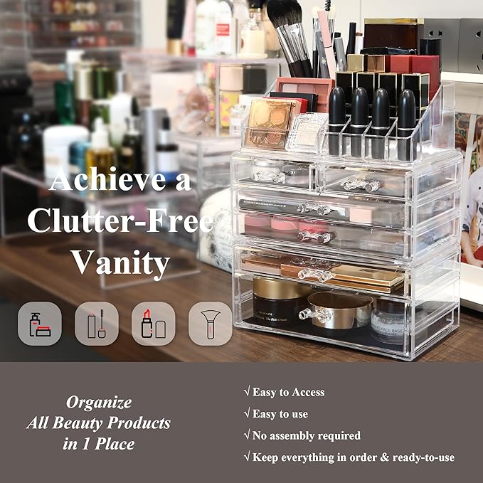 Sea Team 3-Layer Stackable Clear Makeup Organizer with Drawers, Acrylic Plastic Cosmetic Display Case, Jewelry Storage Box for Dresser, Bathroom, Vanity, Countertop (6 Drawers, 1 Lipstick Holder)