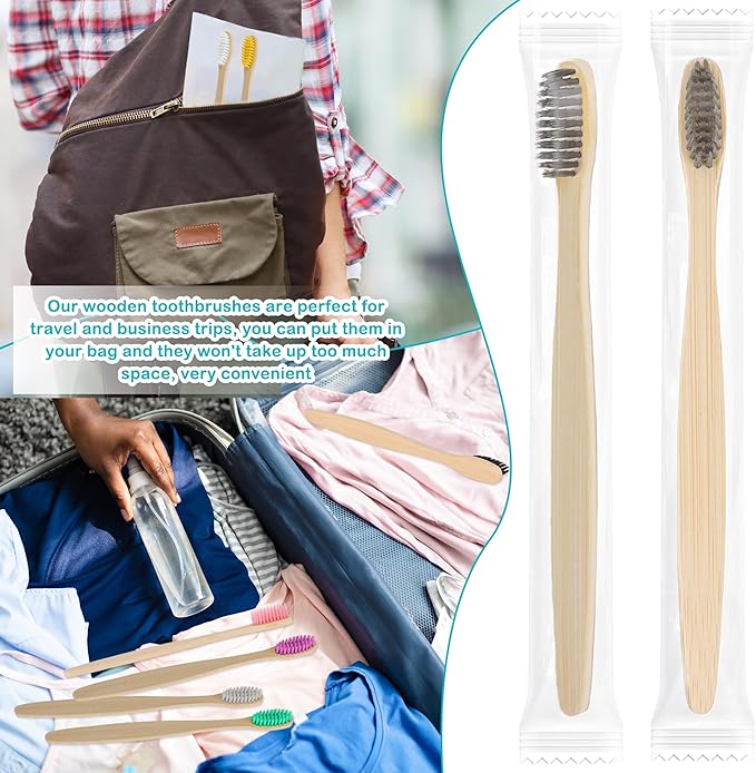 140 Pcs Bamboo Toothbrushes Wooden Individually Wrapped Colorful Toothbrushes Bulk for Adults Hotels Inns Home Use Travel Business Trips, 14 Colors