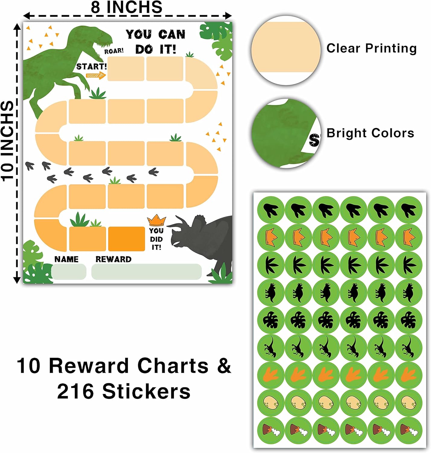 10 Dinosaur Reward Chart with 216 Round Stickers, Incentive Behavior Chart for Kids at Home Classroom, Kids Routine Daily Chore Sticker Chart-A09