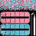 2 Boxes Flat Back Pearls Kit 18 Flatback Pink&Light Blue Half Round Pearls 2-8mm with Pickup Pencil and Tweezer for Home DIY and Professional Nail Art, Face Makeup and Craft