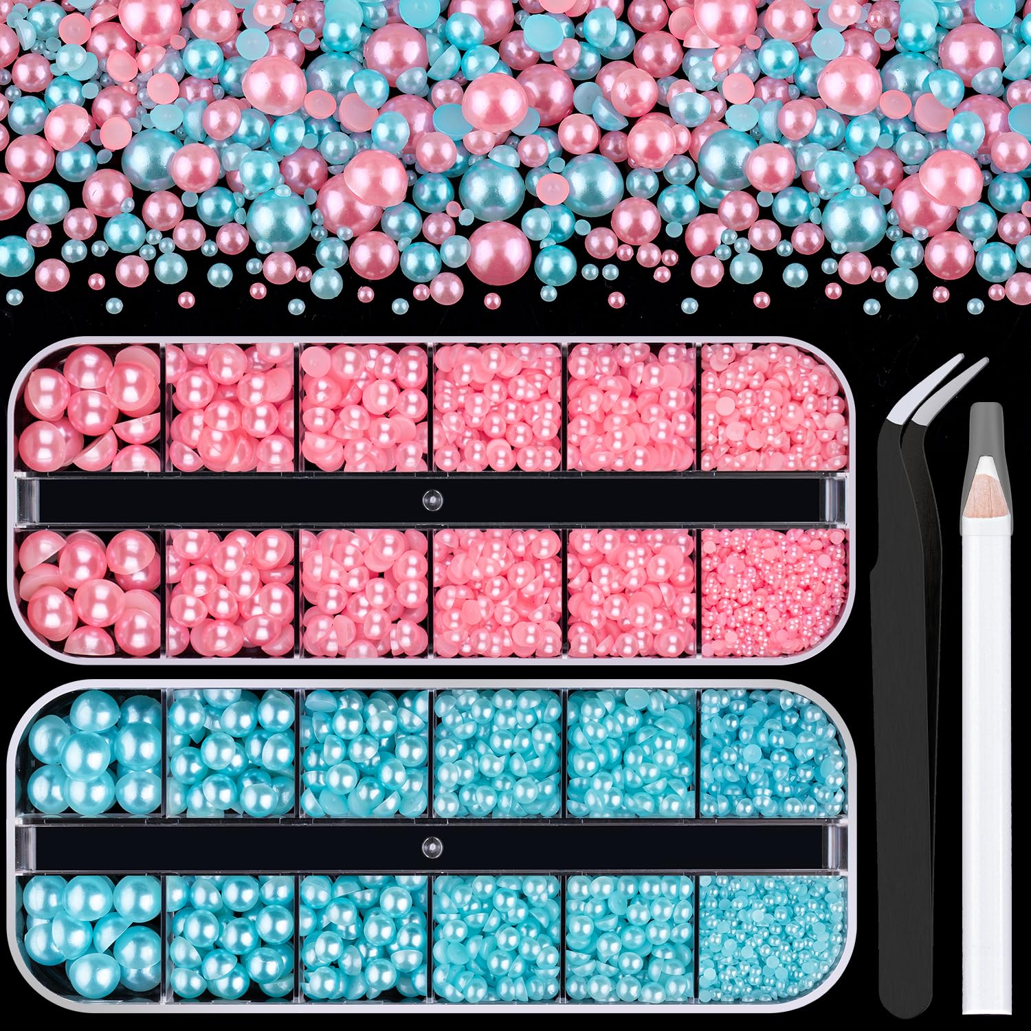 2 Boxes Flat Back Pearls Kit 18 Flatback Pink&Light Blue Half Round Pearls 2-8mm with Pickup Pencil and Tweezer for Home DIY and Professional Nail Art, Face Makeup and Craft