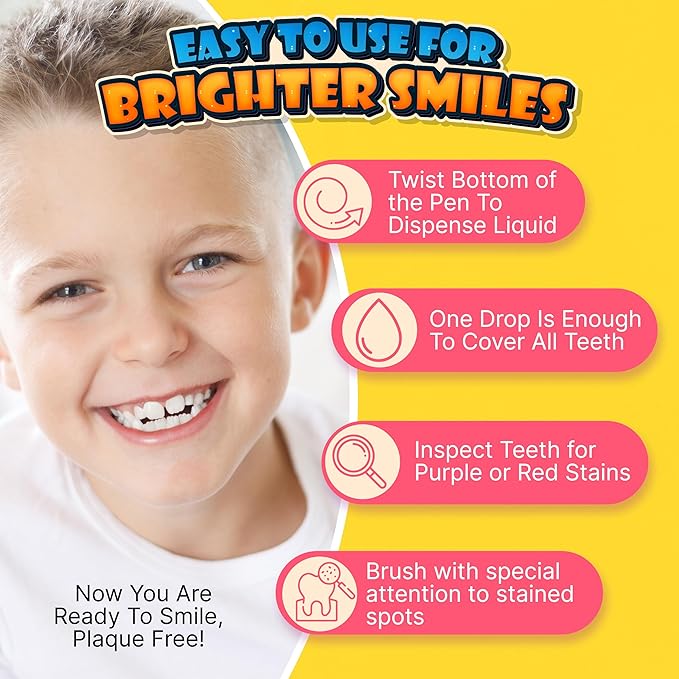 PLQUE Disclosing Gel Pen (90 Uses) - Tooth Plaque Detector for Better Brushing, Purple Stain Formula Reveals Invisible Cavity Causing Plaque, Kids and Adults Oral Care Tool, Pediatric Dentist Design