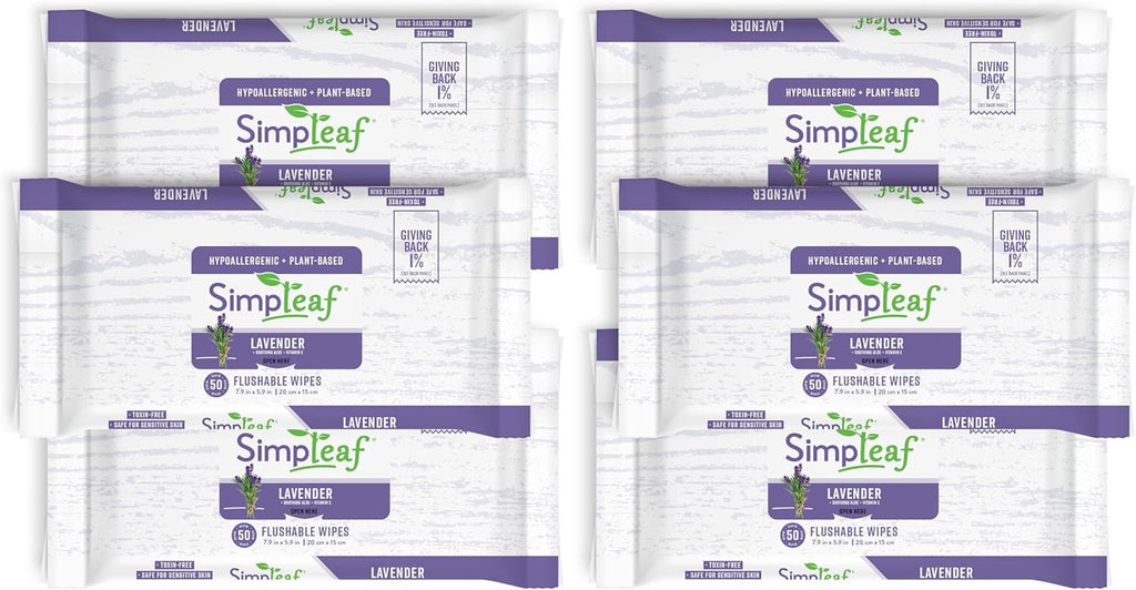 Simpleaf Flushable Wet Wipes Lavender | Plastic Free, Paraben & Alcohol Free | Hypoallergenic & Safe for Sensitive Skin | Soothing Aloe Formula | Adult Toilet Wipes (6 x 50 Counts Pack) 300 Counts
