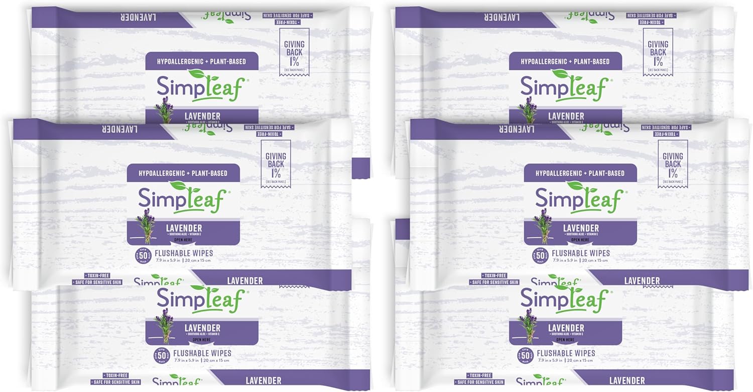 Simpleaf Flushable Wet Wipes Lavender | Plastic Free, Paraben & Alcohol Free | Hypoallergenic & Safe for Sensitive Skin | Soothing Aloe Formula | Adult Toilet Wipes (6 x 50 Counts Pack) 300 Counts