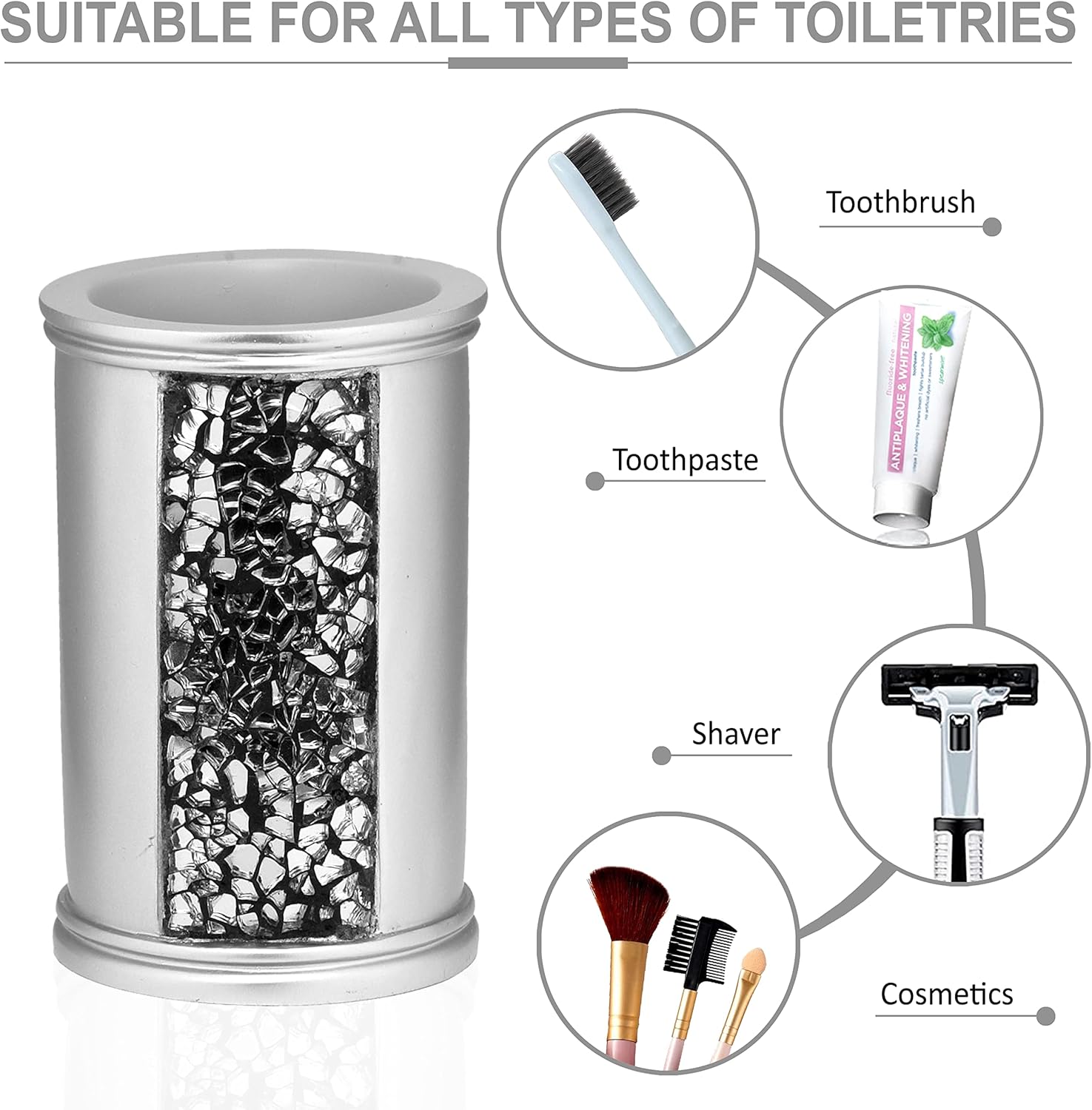 Zahari Home Sinatra Bath Tumbler Toothbrush and Toothpaste Holder Makeup Brushes Organizer, Silver