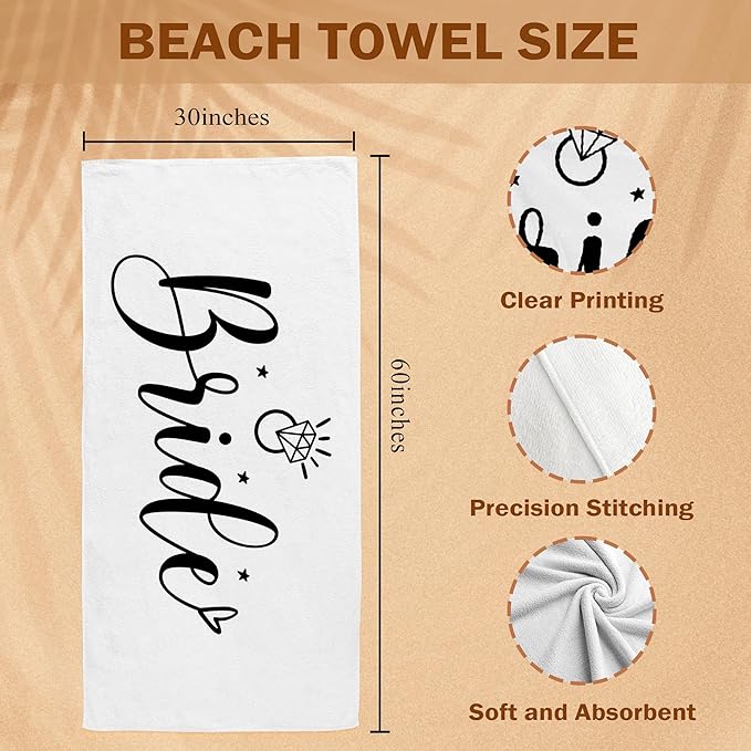 Bride Beach Towel, Bachelorette Beach Pool Towels, Just Married Honeymoon Wedding Gifts Large Beach Bath Travel Towels for Bride to Be Women, Honeymoon Mr and Mrs WeddingBride Gifts, 30x60in