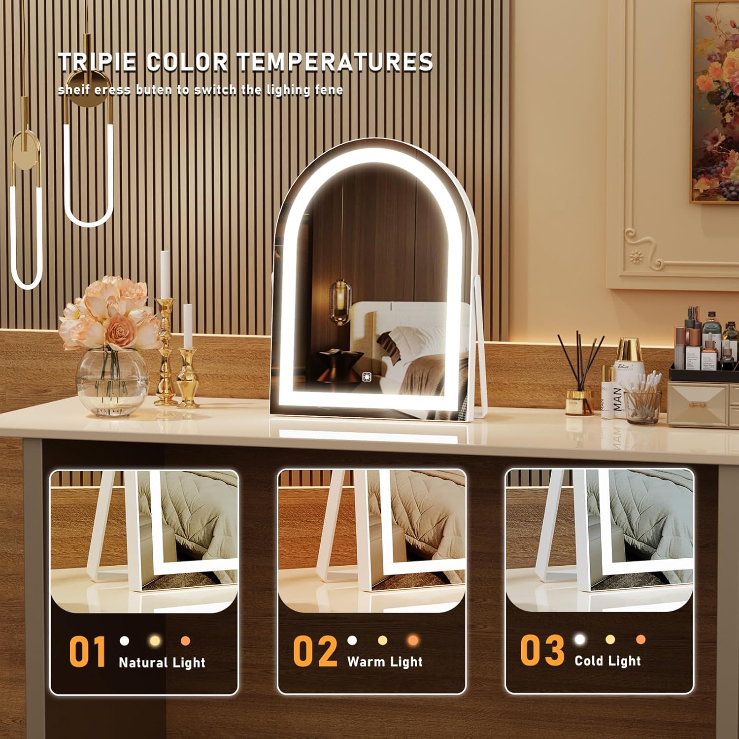 Vanity Mirror with Lights, 16" Light Up Makeup Mirror, LED Makeup Mirror with Lights for Bedroom Tabletop, Smart Touch Control 3 Colors Dimmable, 360° Rotation