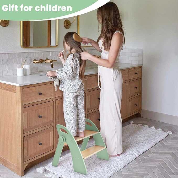 Wooden Step Stool, 300 lb. Load Capacity, with Safety Non-Slip Pads and Handles, Bamboo Step Stool for Bathroom and Kitchen, Gift for Christmas (Green)