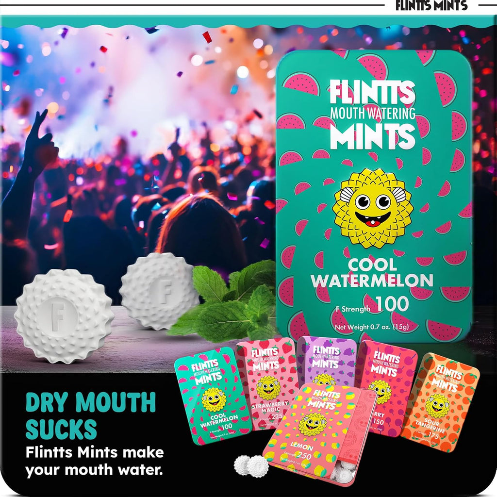 Flintts Mints Fruit Troop – Sugar Free Mouthwatering Mints for Dry Mouth Relief & Freshness – Vegan Oral Health Support with Sparkle Effect – Pocket Travel Saliva Substitute, Lozenges Alternative