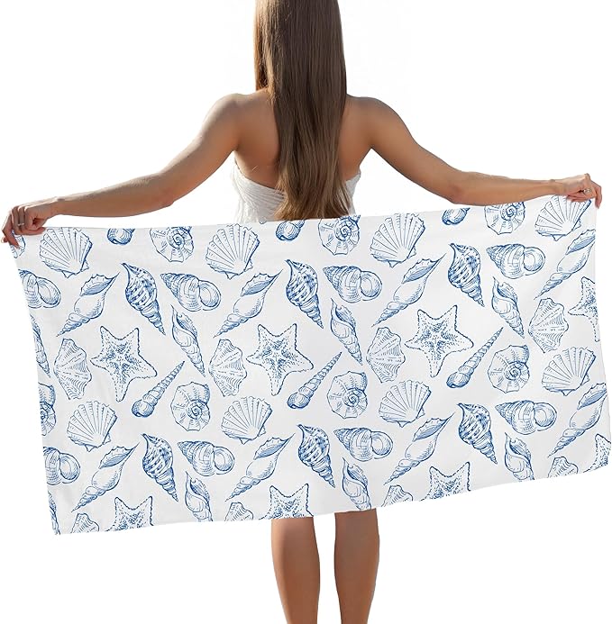 Coastal Seashell Starfish Beach Towel, Coastal Ocean Pool Towels, Seashell Starfish Summer Decor Large Beach Bath Travel Towels, Blue Coastal Ocean Summer Bathroom Accessories Decor, 30x60in