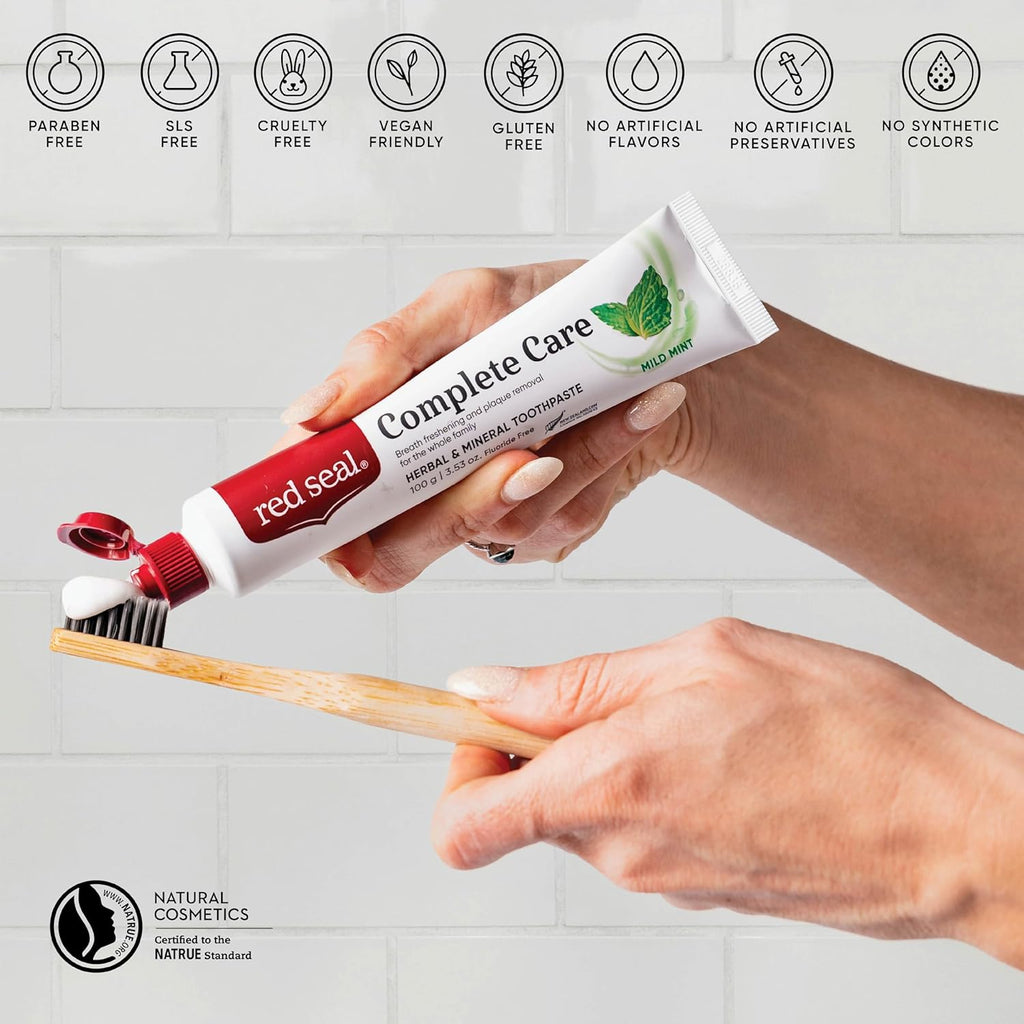 Red Seal Complete Care Mild Mint Toothpaste, NATRUE Certified Natural Toothpaste for The Whole Family, Paraben & SLS Free, Fluoride Free, Vegan Friendly & Cruelty Free, No Artificial Flavors, 3.53 oz