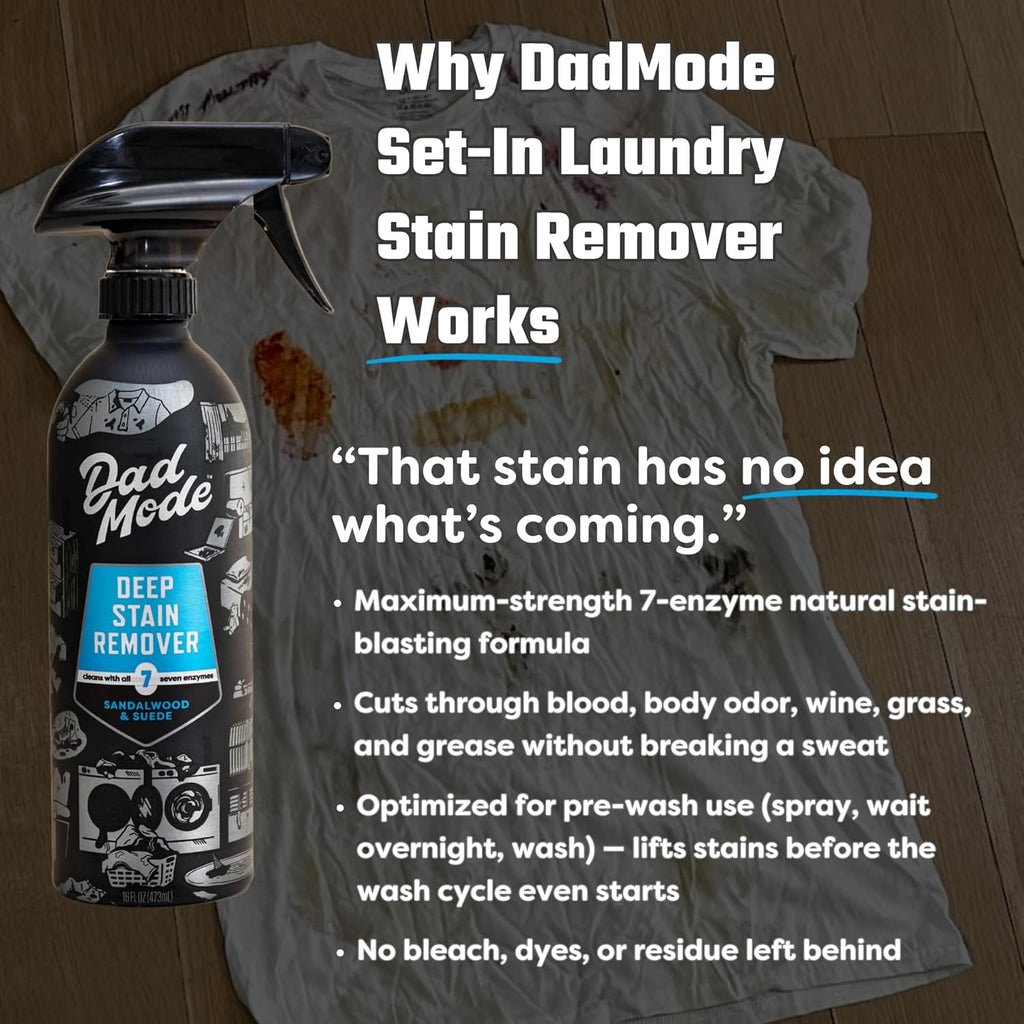 DadMode Maximum Strength Cleaning Set for Busy Families - 7 Enzyme Stain Remover, Surface Cleaner, Laundry Detergent, Carpet Cleaner - Sandalwood & Suede, 64 oz