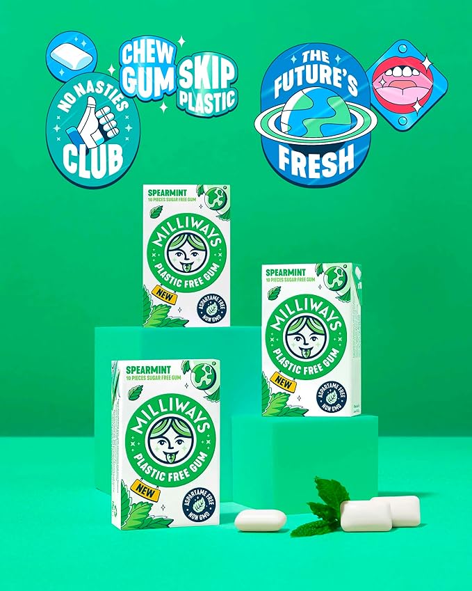 Milliways Spearmint | Plastic Free Gum | Xylitol, Aspartame-Free, Sugar-Free, Plant-Based, Natural Chewing Gum | 120 Pieces Total (12 Packs of 10 Pieces)