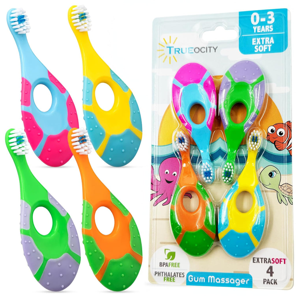 Baby Toothbrush 12 months and up - Toddler Toothbrush - Soft Bristles - Child Sized Brush Heads - infant toothbrush - Kids Tooth Brush - Easy Storage - Unisex Girl & Boy Set (4-Pack, Multi-Color)