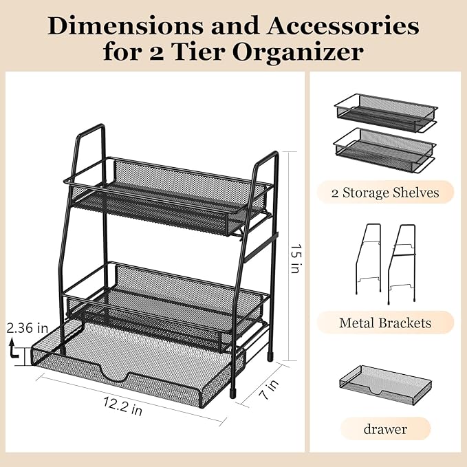 2-Tier Bathroom Counter Organizer with Drawer, Bathroom and Makeup Organizer Countertop, Easy to Install, Ideal for Bathroom organizer, Vanity, Large Skincare, Perfume, Present, and More,Black