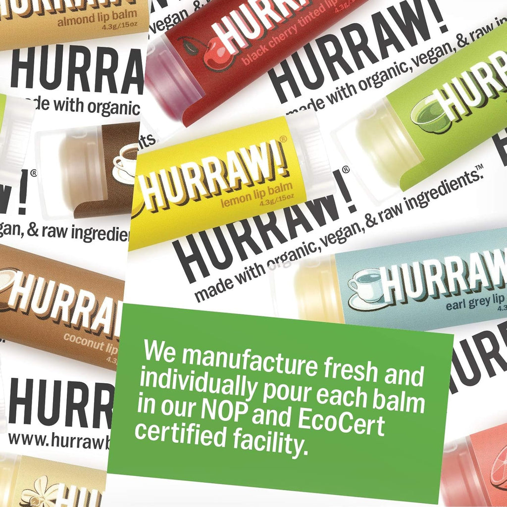Hurraw! Lip Balms: Staff Favorites, 4 Balm Bundle Pack – Chocolate Mint, Watermelon, Vanilla Bean and Sun (SPF 15): Organic, Certified Vegan. 100% Natural Ingredients. Bee, Shea, Soy and Palm Free.