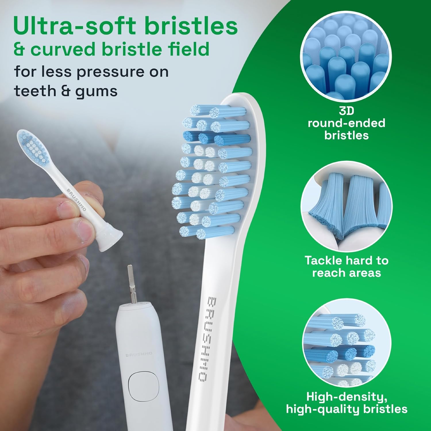 Brushmo Gum Care Sensitive Replacement Toothbrush Heads, Compatible with Philips Sonicare Click-on Toothbrush Handles, 8 Standard Heads, Extra Soft Dupont Bristles for Sensitive Teeth, BM658, White