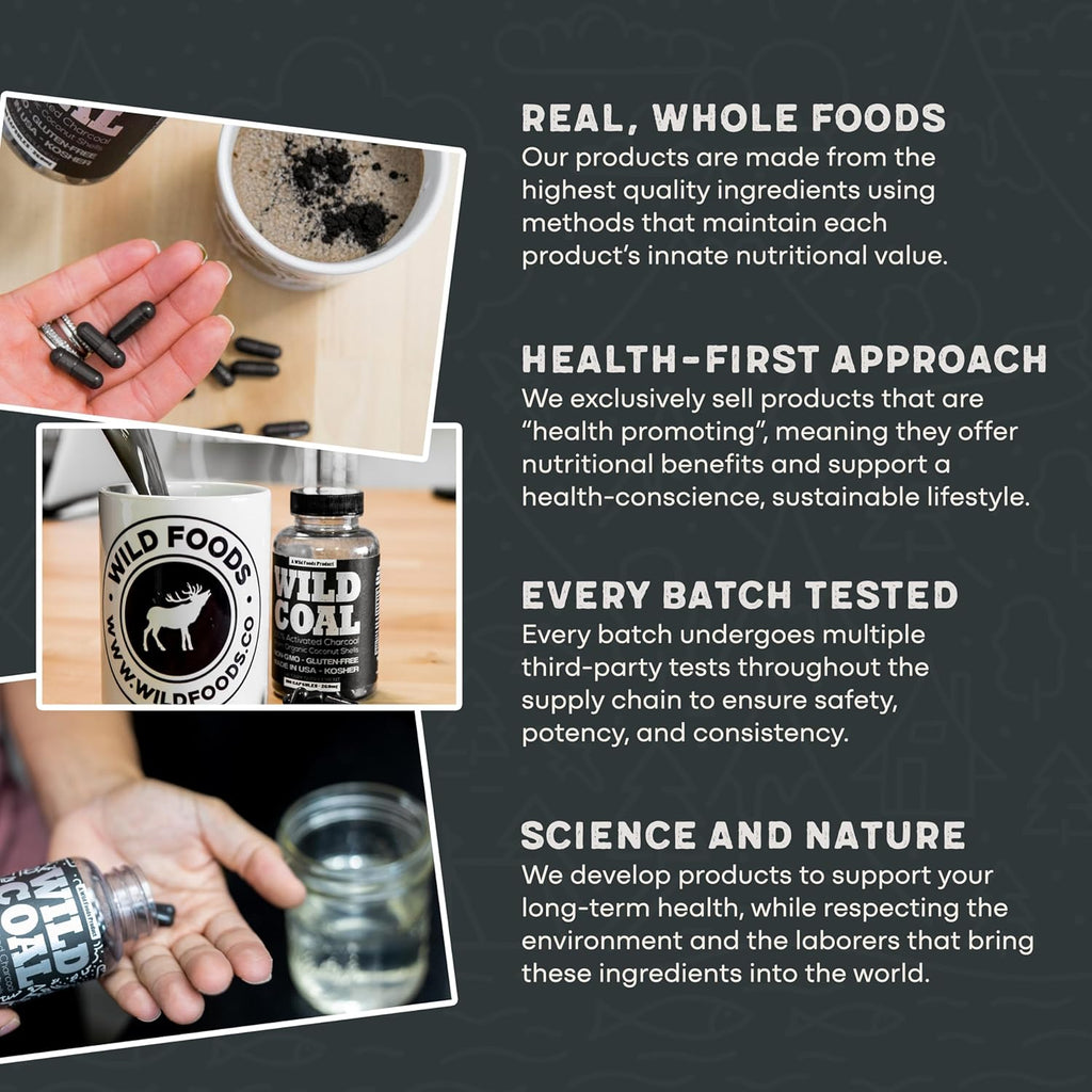 Wild Foods Activated Charcoal Capsules | 100% Organic Coconut Shells Active Tablets for Bloating Relief | Lab Tested & Non-GMO Detox Pills | USA (Two Bottles - 120 Capsules)