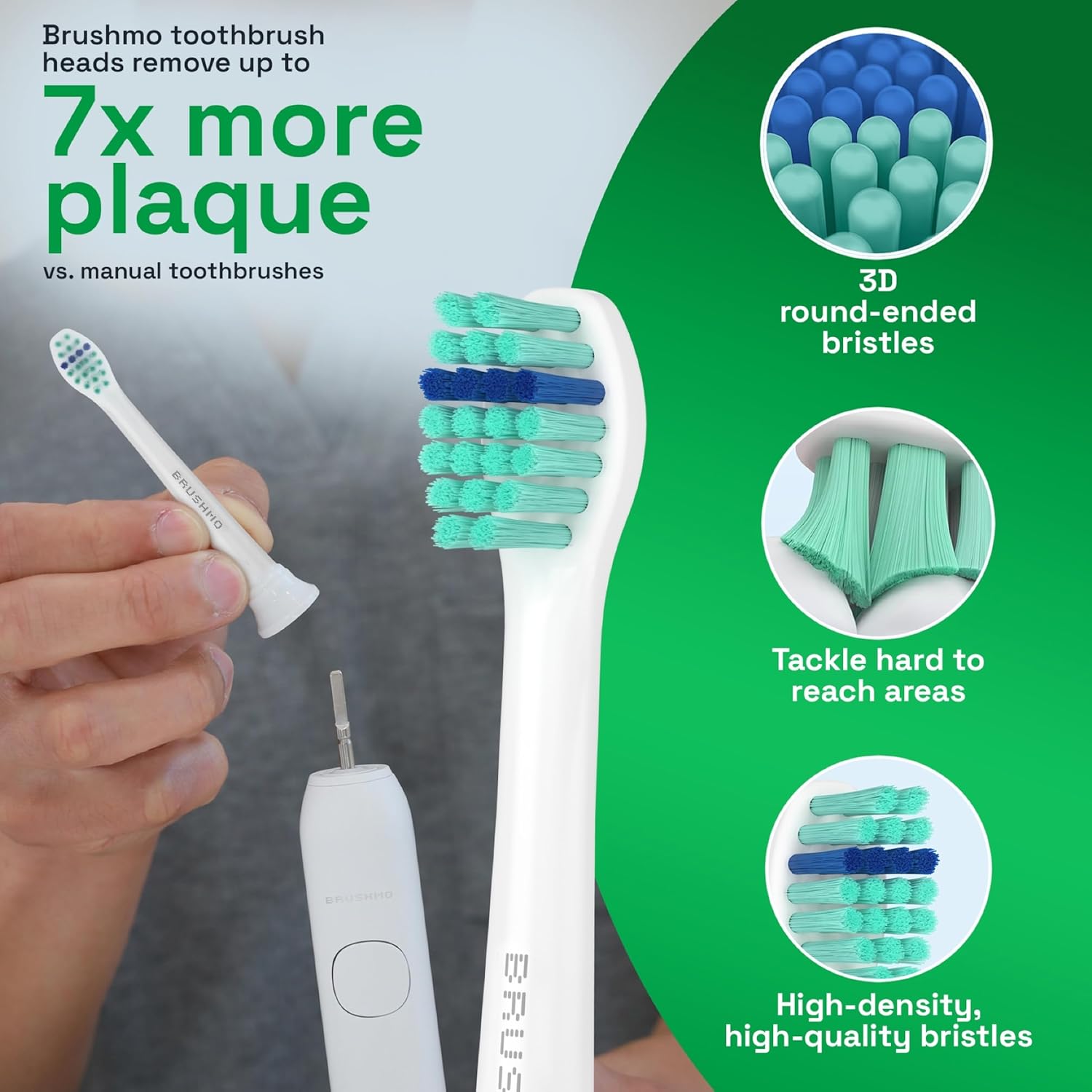 Brushmo Total Clean Replacement Toothbrush Heads, Compatible with Philips Sonicare Click-on Electric Toothbrush Handles, 8 Compact Heads for Hard-to-Reach Areas, Soft Dupont Bristles, BM628, White