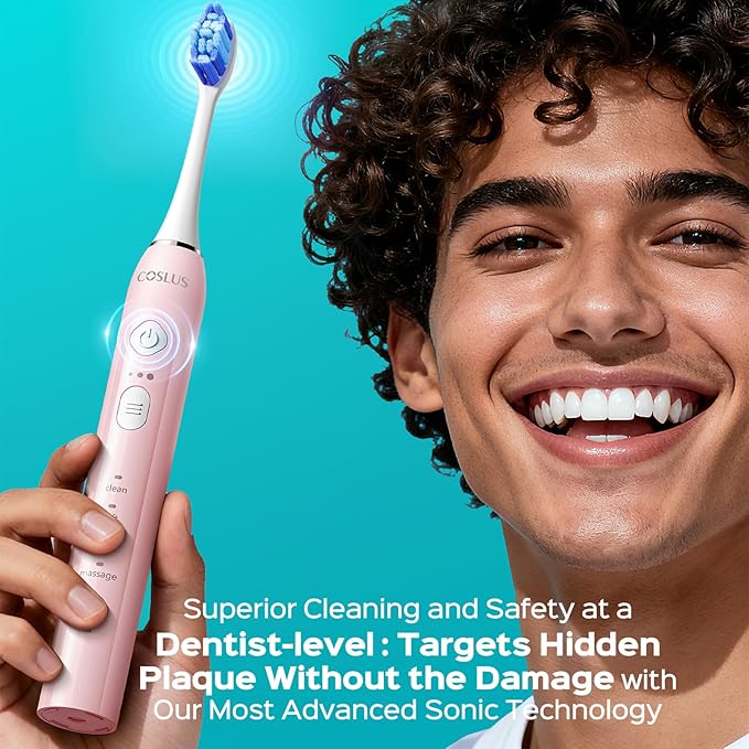 COSLUS Sonic Electric Toothbrush for Adults & Kids: 3 Intensities & 5 Modes Gum-Friendly for Deep Cleaning & Whitening - 2 Types of Heads for Family, Sensitive Teeth, Braces, Travel & Home Use, Pink