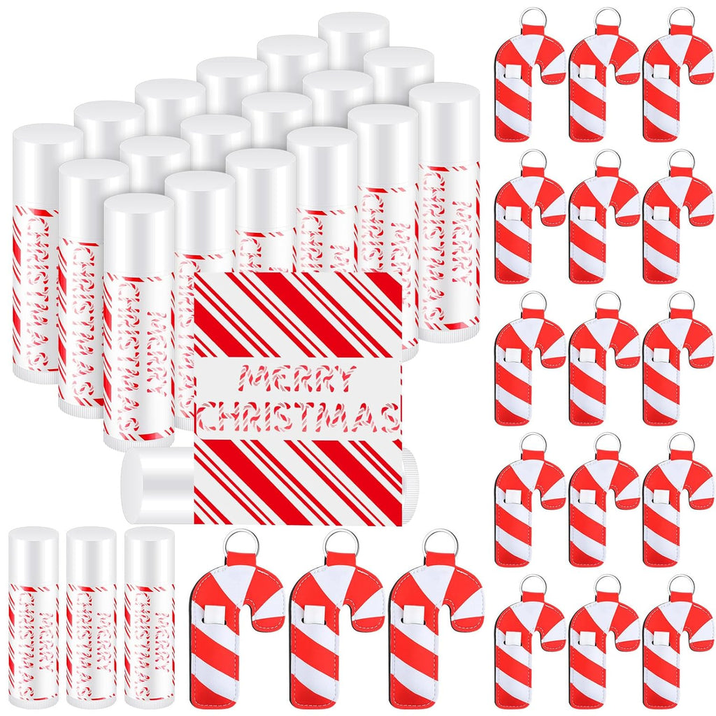 36 Pcs Christmas Lip Balm Lipstick Holder Keychain Bulk Candy Cane Merry Christmas Party Gifts Stocking Stuffers Peppermint Flavor Lip Care Moisturizing for Xmas Coworker Employee Family Gifts