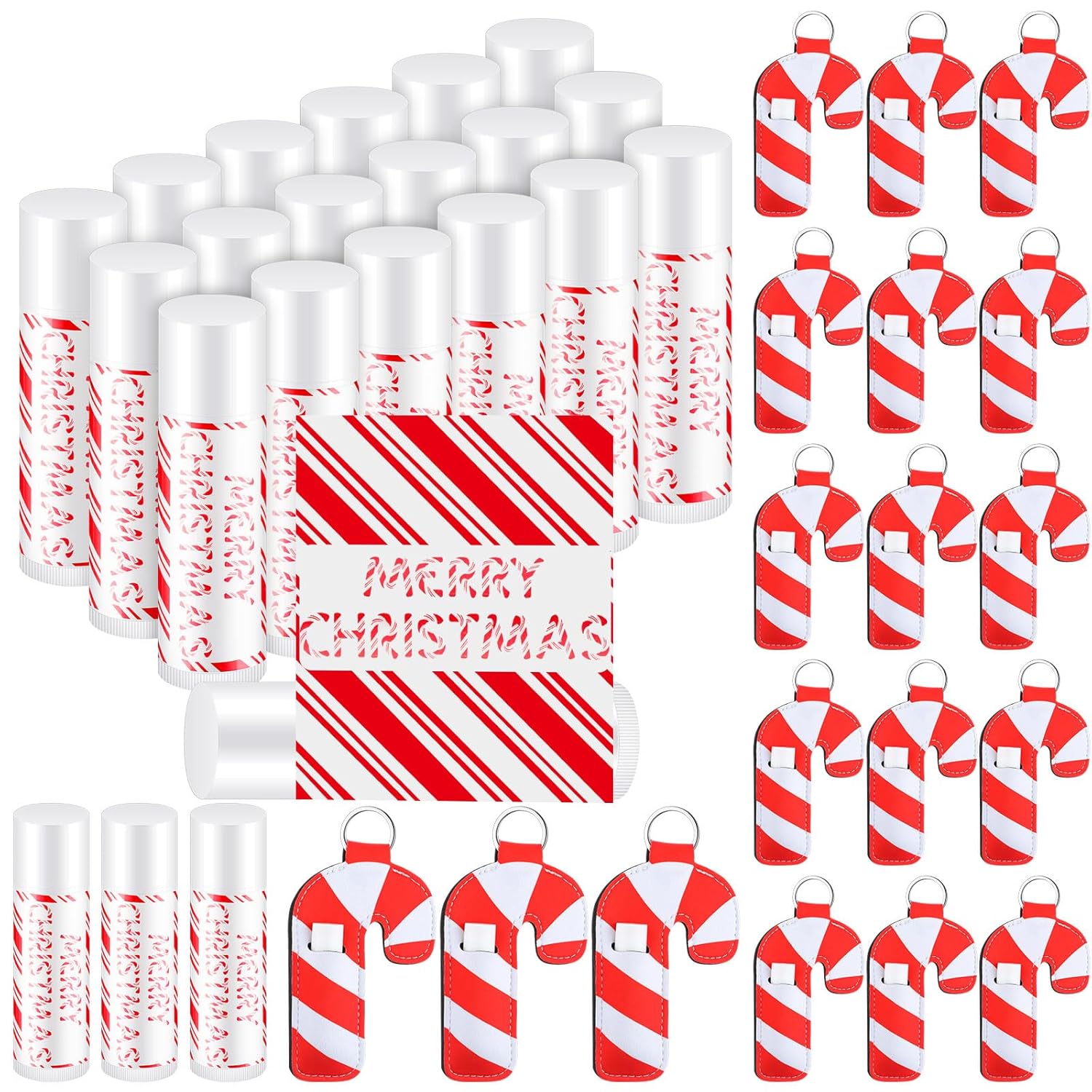 36 Pcs Christmas Lip Balm Lipstick Holder Keychain Bulk Candy Cane Merry Christmas Party Gifts Stocking Stuffers Peppermint Flavor Lip Care Moisturizing for Xmas Coworker Employee Family Gifts
