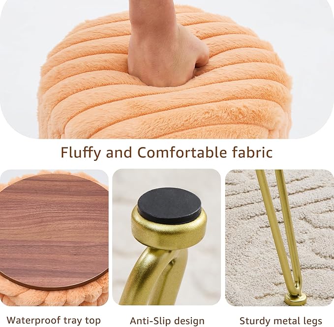 Wimarsbon Vanity Stool with Storage, Faux Fur Ottoman Chair with Metal Legs, Round Makeup Vanity Chair for Bedroom or Dressing Table, Modern Small Ottoman Seat (Orange)
