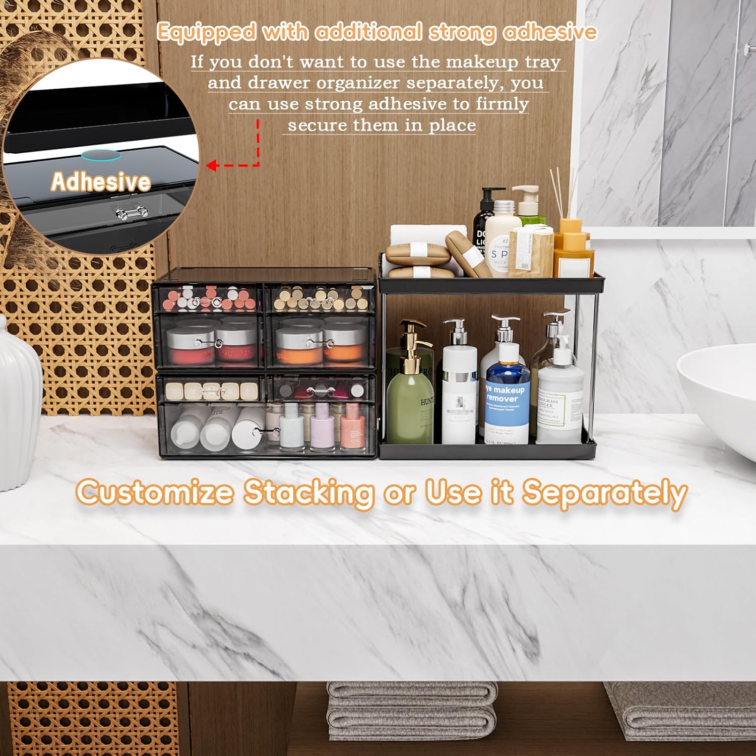 Yieach Acrylic Makeup Organizer Countertop,Large Skincare Organizer for Dresser Top,Plastic Bathroom Counter Organizers and Storage for Beauty,Cosmetic,Hair Products,Lotion and Perfume Organizer,Black