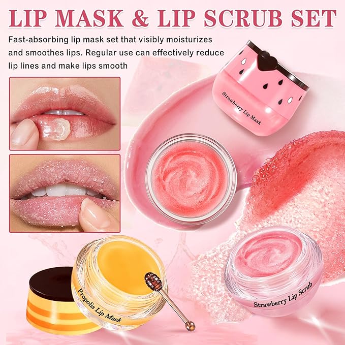 4PCS Lip Scrub and Mask Set,Strawberry and Honey Pot Lip Balm,Reduces Lip Lines Lip Exfoliator Scrub and Moisturizer,Repair Bee Lip Balm and Lip Scrub Set,Lip Mask Overnight