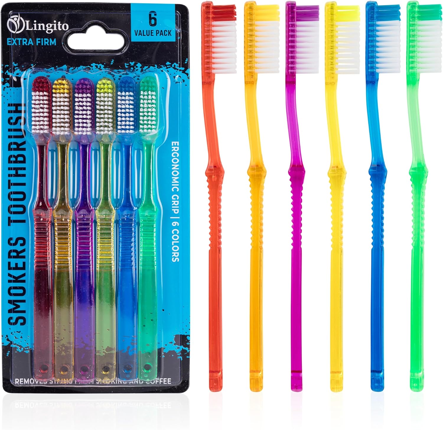 Extra Firm Toothbrush Set for Adults or Smokers Travel Toothbrush Kit, Hard Multicolor Denture Brush, Large Head, Manual Travel Toothbrush Hard Bristles (Transparent - 6 Pack)