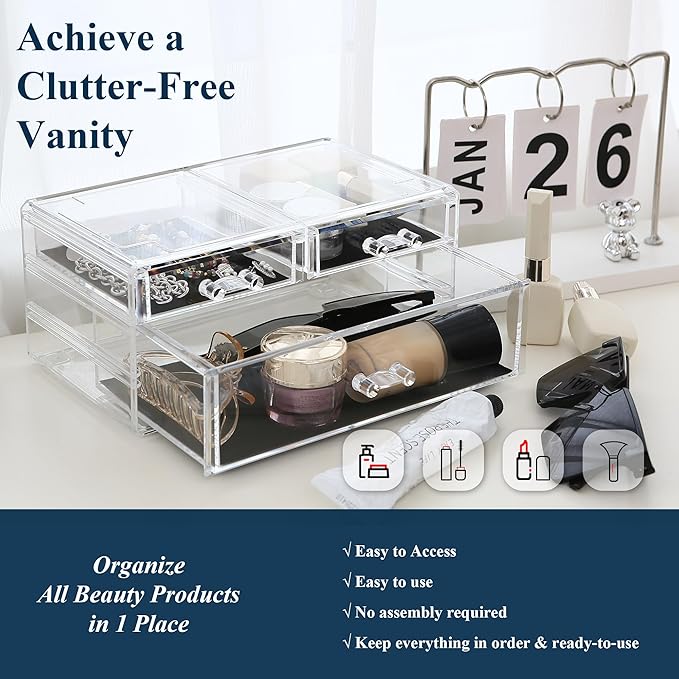 Sea Team Clear Makeup Organizer with Drawers, Acrylic Plastic Cosmetic Display Case, Jewelry Storage Box, Holder for Dresser, Bathroom, Vanity, Countertop (1 Large, 2 Small Drawers)