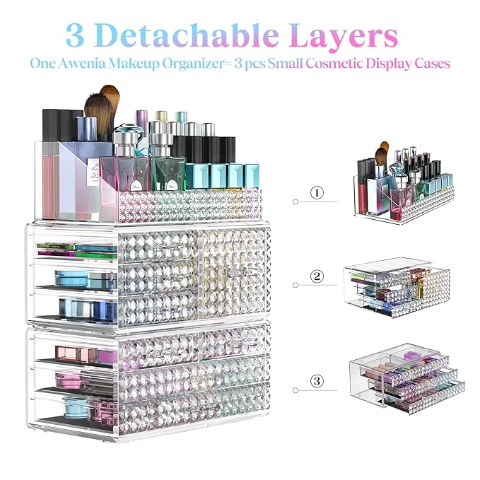 3 Pack Makeup Organizer Stackable[Upgraded], Acrylic Cosmetics Storage Cases with 8 Drawers Perfume Organizers For Brush Holder or Jewelry Display,Plus Size,Best For Vanity,Bathroom or Countertop
