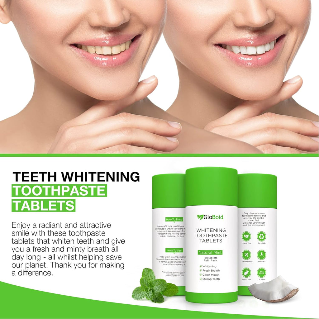 GloBoid Nano Hydroxyapatite Toothpaste Tablets 3 Month Refill, Zero Waste, Eco Friendly & Plastic Free Toothpaste Tabs, Toothpaste Bites Perfect for Travel - Mint