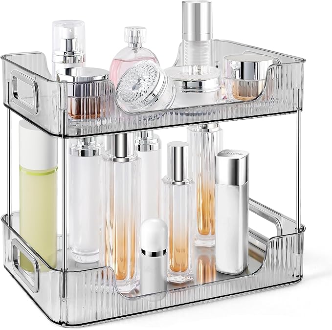 2-Tier Bathroom Counter Organizer Countertop Storage, Dresser Organizer Vanity Tray for Makeup, Perfume Organizer Cosmetics Skincare Shelf - Grey