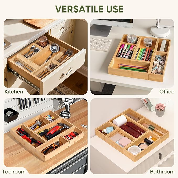 Bamboo Drawer Organizers Set, 5-Piece Multi-Use Wood Storage Organizers, Desk Drawer Tray for Kitchen, Bathroom, Office, Dresser, Bamboo Box Bin for Jewelry, Makeup, Junk, Gadgets