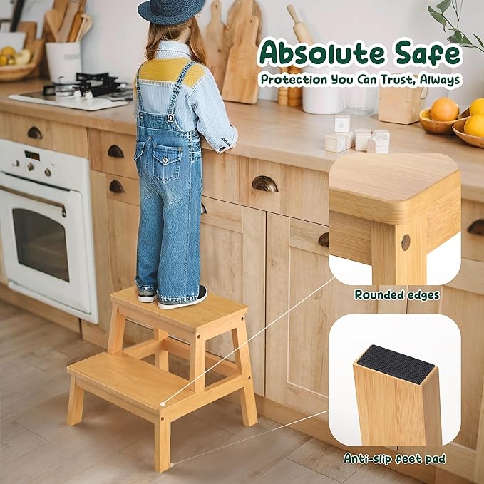 Bamboo 2 Step Stool for Kids & Adults, Wooden Kids Step Stool for Bathroom & Kitchen, Bed Steps for High Beds, Portable with Handle, Non-Slip & 350 Ibs Capacity