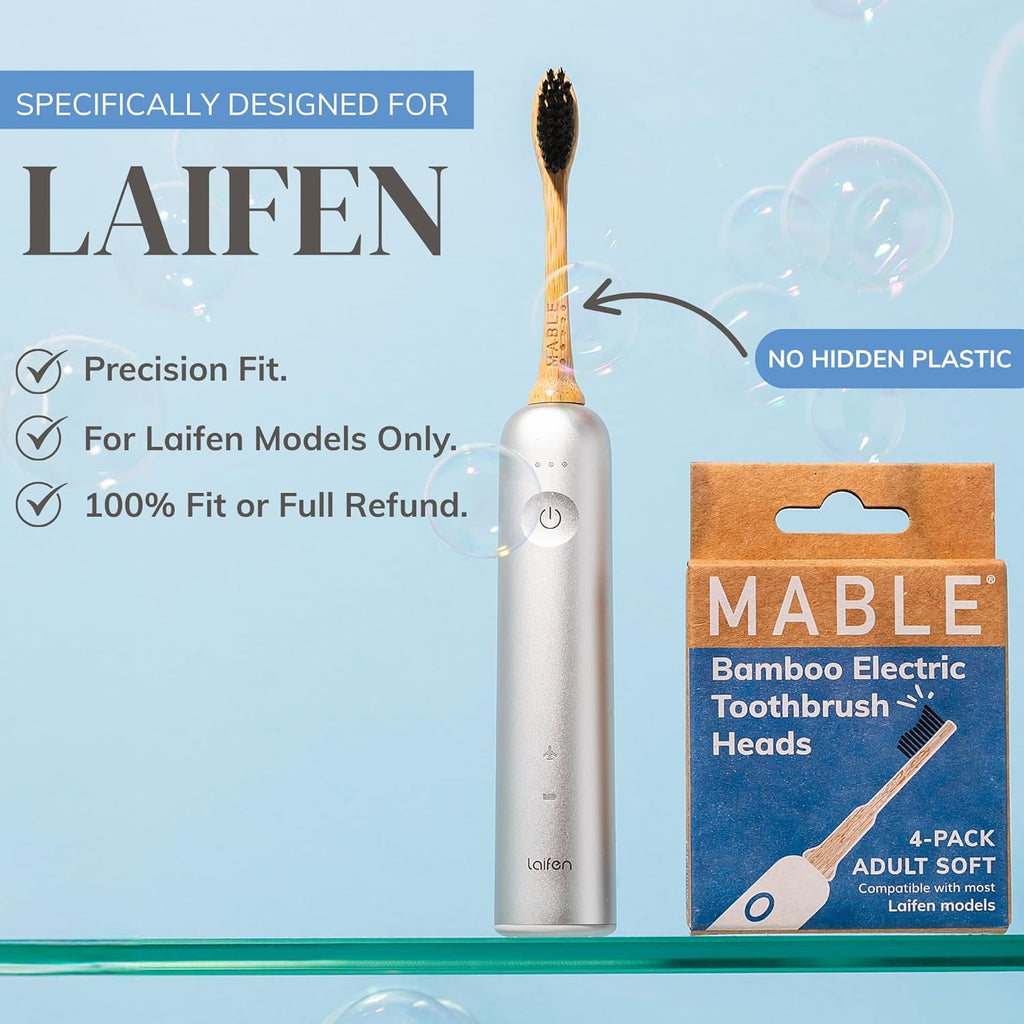 Bamboo Electric Toothbrush Heads | Compatible with Laifen Electric Toothbrush | 4 Brush Heads with Soft Bristles | Plant-Based Adult Size Replacement Heads