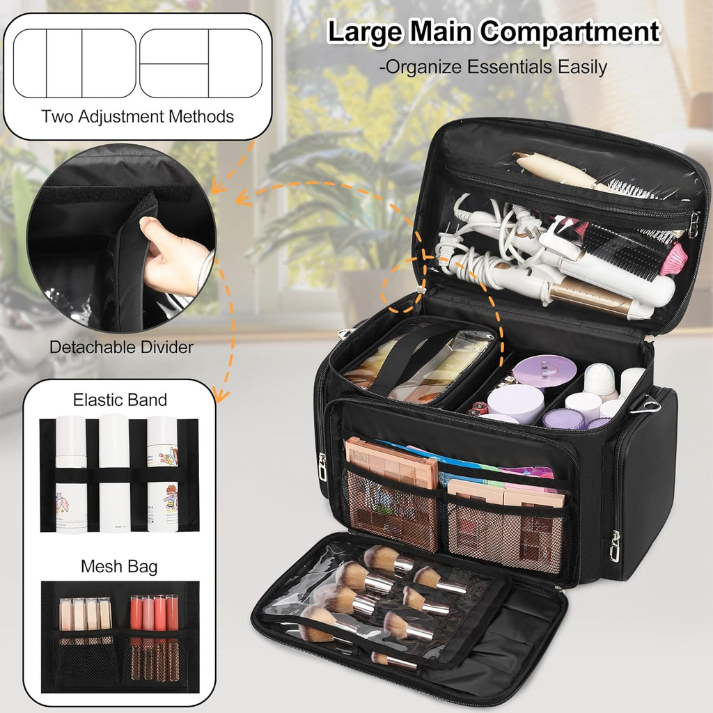 TANTO Travel Makeup Bag, Portable Large Makeup Organizer Bag Makeup Artist Bags Big Cosmetic Travel Bag with 2 Pouches & Detachable Dividers, Toiletry Bag for Cosmetic and Toiletries, Hair Supplies