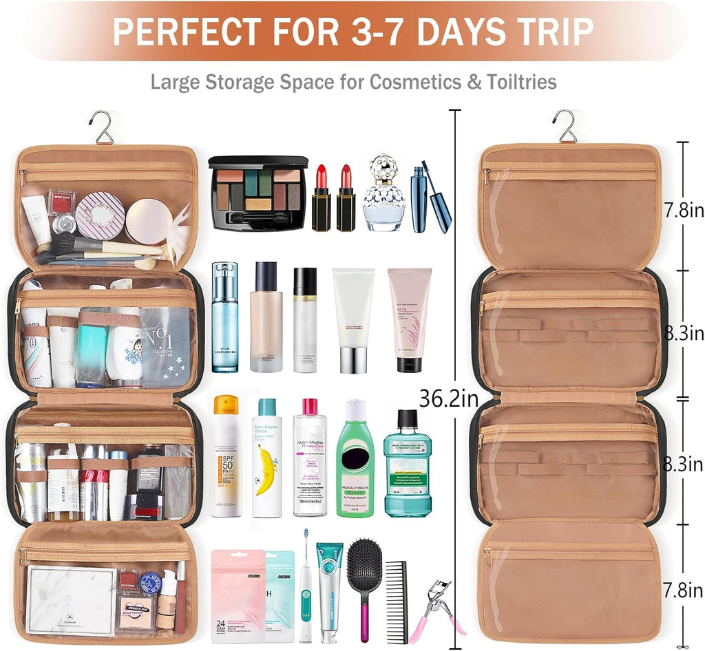 Travel Toiletry Organizer - Hanging Toiletry Bag for Full-sized Toiletries, Portable Water-resistant with Hanging Hook and 4 Compartments for Travel Essentials and Cosmetics